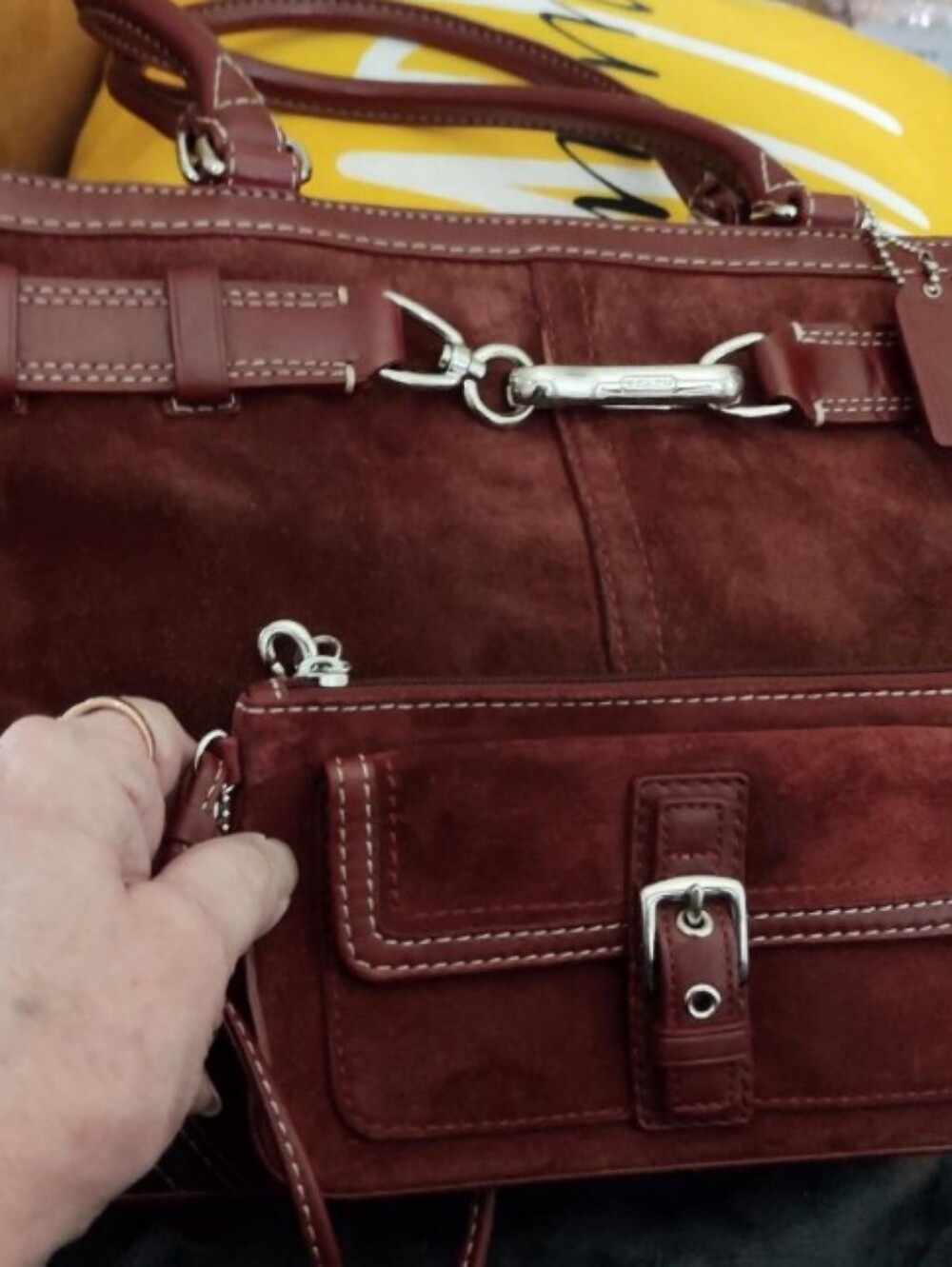 MATCHING SET- Vintage Coach Leather/Suede  Tote & Wristlet in Rich Burgundy Red